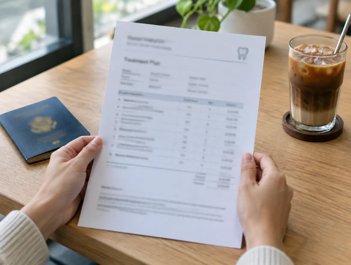 Reading a printed, itemised treatment plan next to a passport and an iced coffee